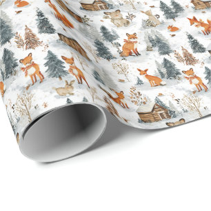 Papier Cadeau Animaux des bois et cabanes rustiques dans la neig