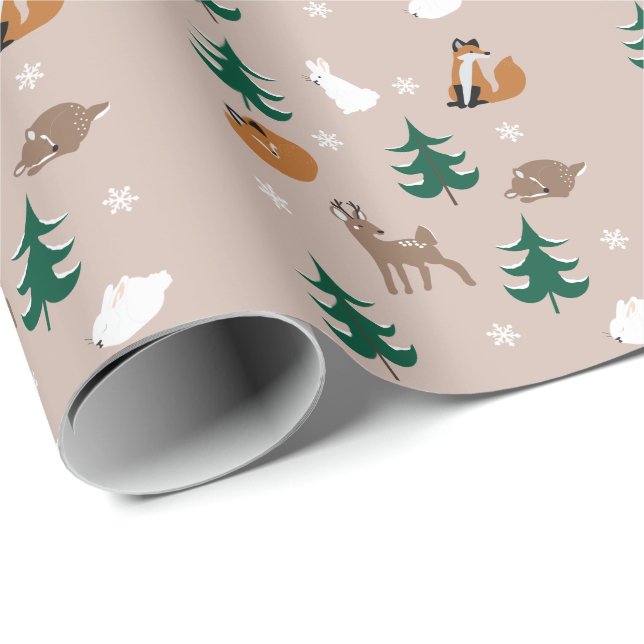 Papier Cadeau Animaux des bois Pins neigeux Snowflakes (Coin rond)