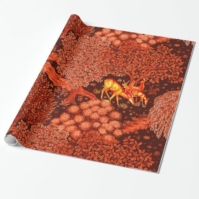 Papier Cadeau ANIMAUX FORESTIERS, CERFS PAR UN BROOK Red Yellow  (Déroulé)