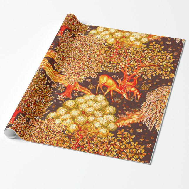 Papier Cadeau ANIMAUX FORESTIERS, CERFS PAR UN BROOK Red Yellow  (Déroulé)
