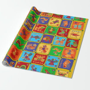 Papier Cadeau Animaux mexicains aztèques colorés