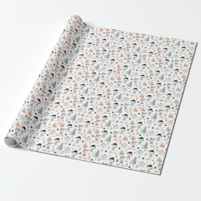 Papier Cadeau Animaux mignons de région boisée et motif indien (Déroulé)