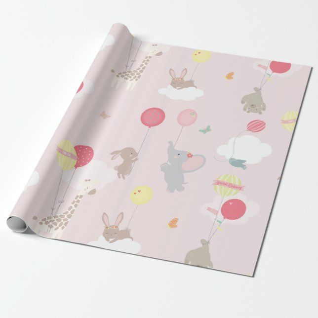 Papier Cadeau Animaux roses Nuages Ballons Bébé (Déroulé)