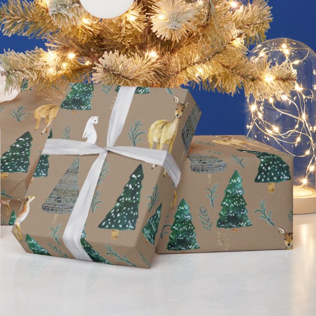 Papier Cadeau Animaux rustiques d'hiver Kraft Épinette verte (Vacances)