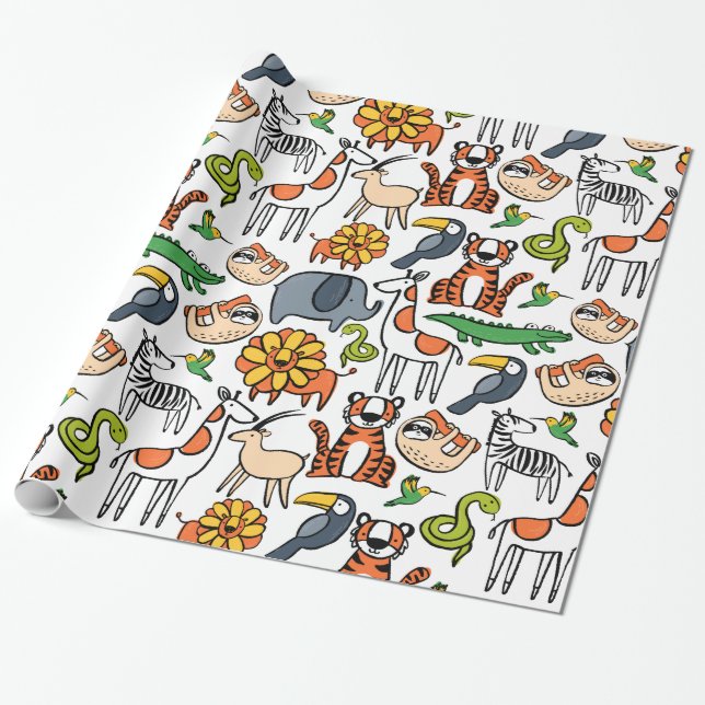 Papier Cadeau Animaux Safari Aux Couleurs Vives (Déroulé)