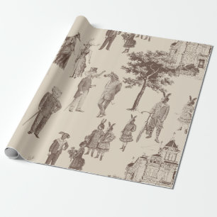 Papier Cadeau animaux victoriens anciens brun beige toile