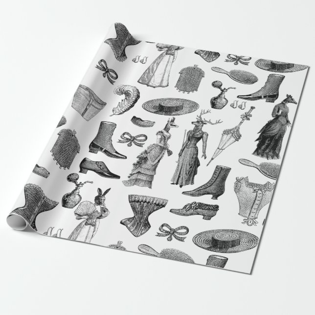 Papier Cadeau animaux victoriens antiques noir blanc toile femme (Déroulé)