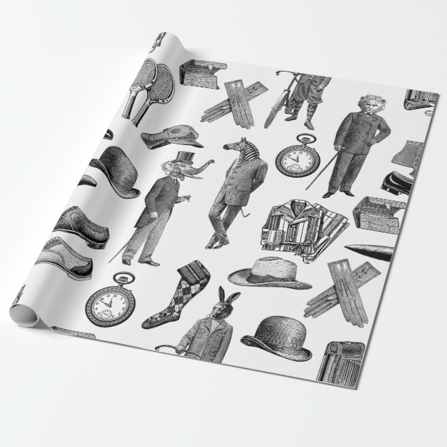 Papier Cadeau animaux victoriens antiques noir blanc toile homme (Déroulé)