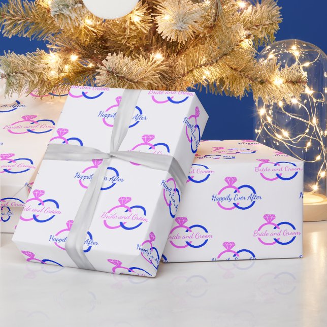 Papier Cadeau Anneaux de mariage personnalisés pour mariés rose  (Vacances)