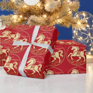 Papier Cadeau Année du Cheval 2026 Nouvel An Chinois 