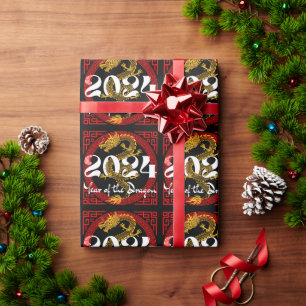 Papier Cadeau Année du Dragon 2024 zodiaque chinois
