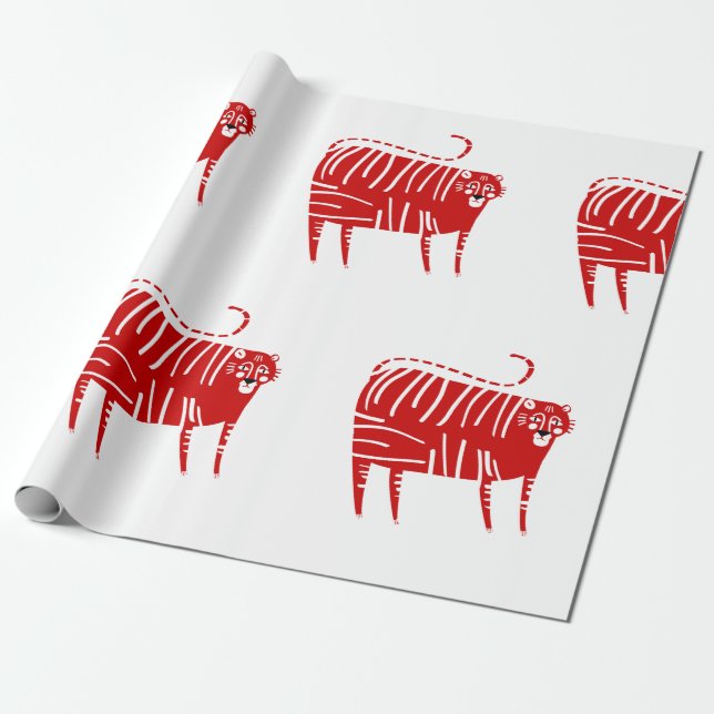 Papier Cadeau ANNÉE DU TIGER RED Wrapping Papier (Déroulé)