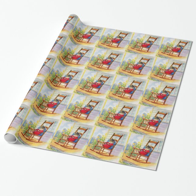 Papier Cadeau Années 1930 adorable chaton napper sur rocker de p (Déroulé)