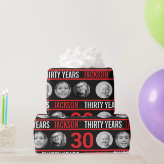 Papier Cadeau anniversaire 30 ans photo personnalisée rouge et n