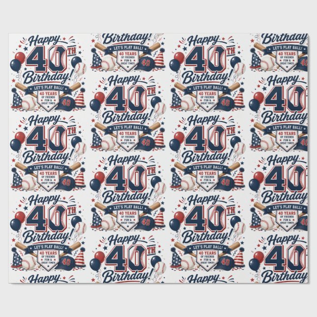 Papier Cadeau Anniversaire 40 ans sur le thème du baseball (Plat)