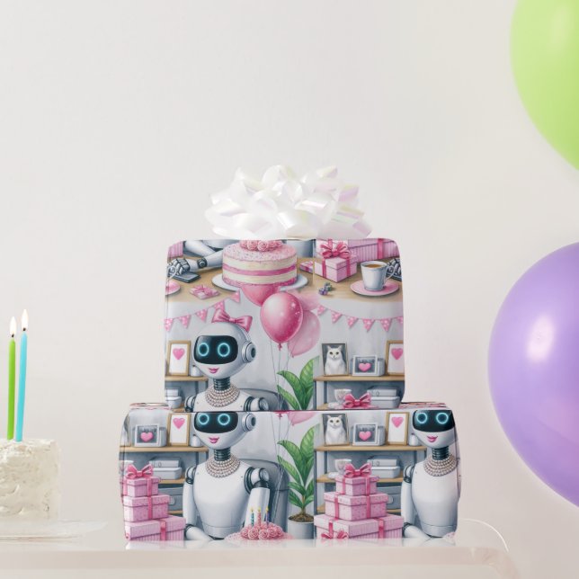 Papier Cadeau Anniversaire Ai Robot Pink Sparkon Balloons (Cadeaux de fête)