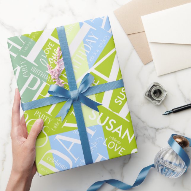 Papier Cadeau Anniversaire Ajouter longueur moyenne Nom vert ID2 (Cadeaux)