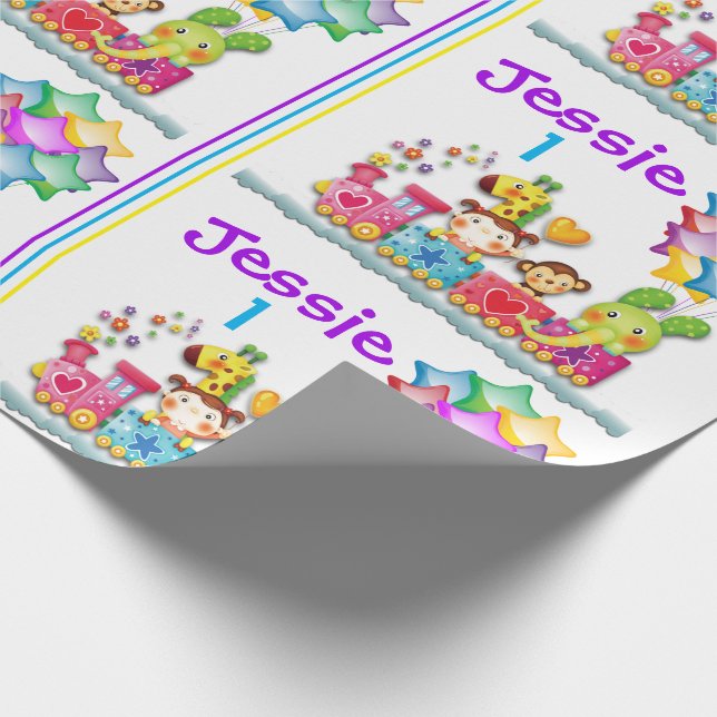 Papier Cadeau Anniversaire Animal Train Personnaliser Nom et âge (Coin)