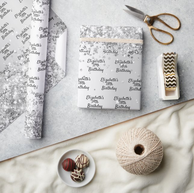 Papier Cadeau Anniversaire argent confetti scintillant nom éléga (Artisanat)