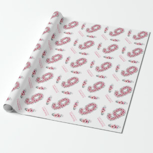 Papier Cadeau Anniversaire Big 9th Girl Rose Fleurs Green Foliag