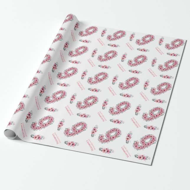 Papier Cadeau Anniversaire Big 9th Girl Rose Fleurs Green Foliag (Déroulé)