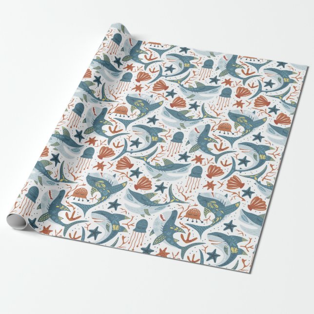 Papier Cadeau Anniversaire de enfant bébé moderne sous le requin (Déroulé)