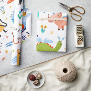 Papier Cadeau Anniversaire de enfant Dinosaure coloré et personn