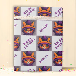 Papier Cadeau Anniversaire de enfant d'Orange Chat Joyeux