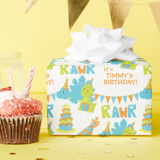 Papier Cadeau Anniversaire de enfant du Blue Green Dinosaur Part (Fête d'anniversaire)