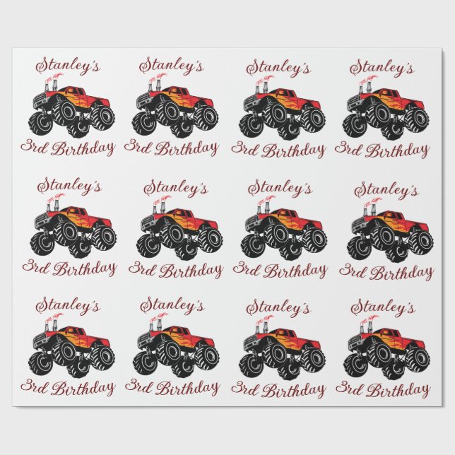 Papier Cadeau Anniversaire des Garçons Noirs Rouges Camion Monst (Plat)