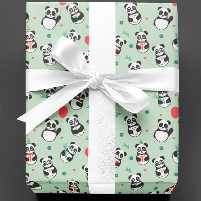 Papier Cadeau Anniversaire du Motif Cute Panda | Vert (Créateur téléchargé)
