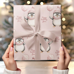 Papier Cadeau Anniversaire du pingouin lunaire   rose vintage