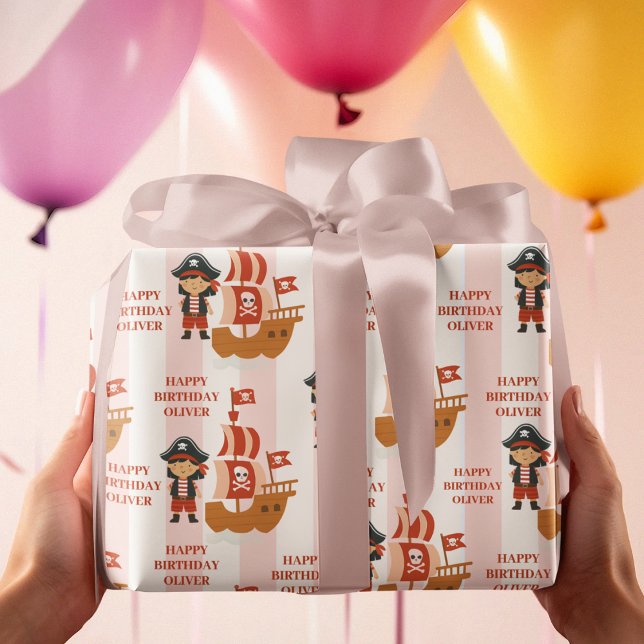 Papier Cadeau Anniversaire du Pirate | Navire rouge et capitaine (Créateur téléchargé)