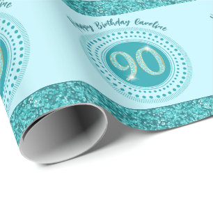 Papier Cadeau Anniversaire élégant 90 ans Bleu sarcelle Paillett