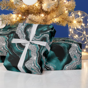 Papier Cadeau Anniversaire élégant à l'agate sarcelle et paillet