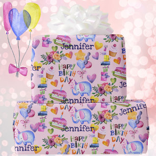 Papier Cadeau Anniversaire Elephant Ballons Coeurs Ajouter le no
