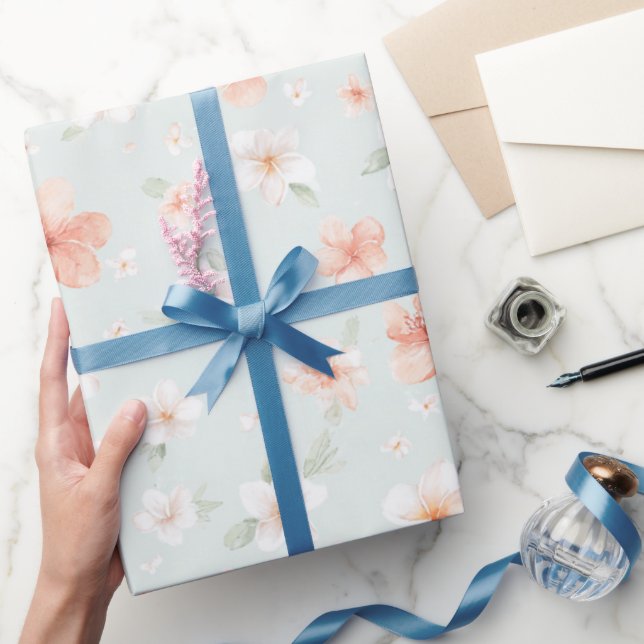 Papier Cadeau Anniversaire Floral Blanc Pêche Menthe Tropicale (Cadeaux)