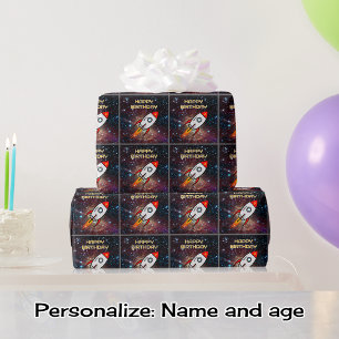 Papier Cadeau Anniversaire fusée rouge nom et âge personnalisés