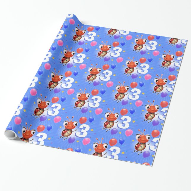Papier Cadeau Anniversaire Garçon ou fille de 3 ans 3 Ladybug pa (Déroulé)