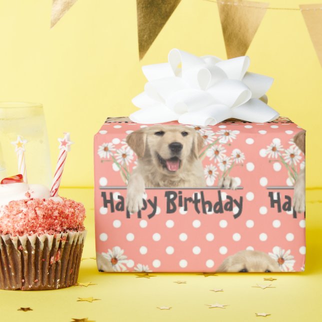 Papier Cadeau Anniversaire Golden Retriever en Pois (Fête d'anniversaire)