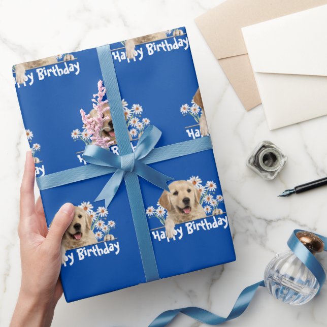 Papier Cadeau Anniversaire Golden Retriever on Blue (Cadeaux)