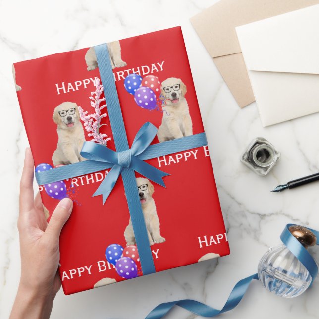 Papier Cadeau Anniversaire Golden Retriever Puppy Avec Ballons (Cadeaux)