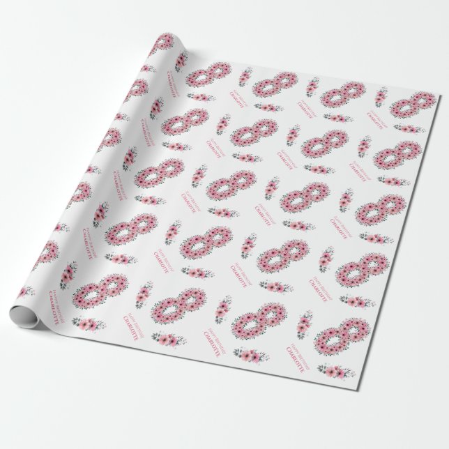 Papier Cadeau Anniversaire Grande 8ème Fille Fleurs roses Volage (Déroulé)