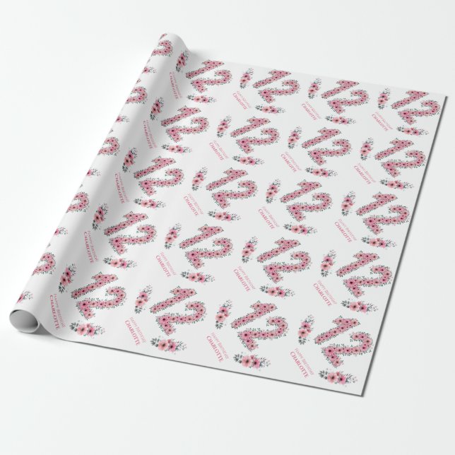 Papier Cadeau Anniversaire Grosse 12ème Fille Fleurs roses Volag (Déroulé)