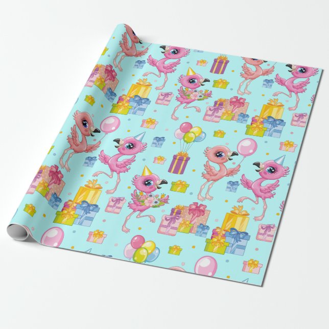 Papier Cadeau Anniversaire mignon dessin animé flamingo (Déroulé)