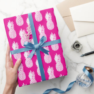 Papier Cadeau Anniversaire motif d'ananas rose et blanc