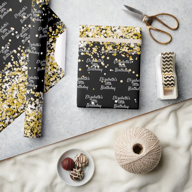Papier Cadeau Anniversaire noir confetti nom étincelant (Artisanat)