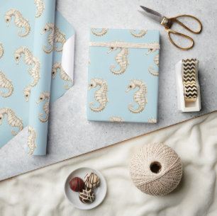 Papier Cadeau Anniversaire Océan Plage Hippocampes Crème Bleue