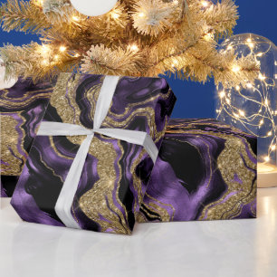 Papier Cadeau Anniversaire Paillettes Agate Violet et Or Elégant