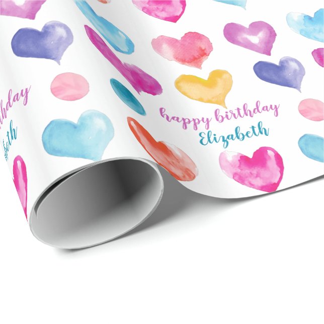 Papier Cadeau Anniversaire personnalisé Joli coeur aquarelle (Coin rond)